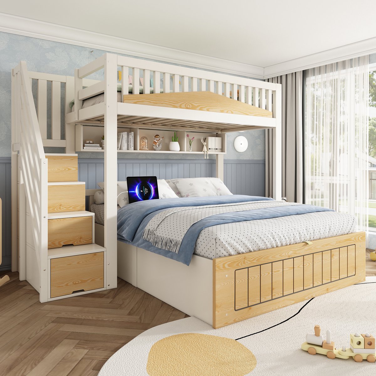 MODFU Bedframe stapelbed 90/140x200 cm van hout en metaal – met opbergruimte en trapkast – wit/naturel – voor het gezin