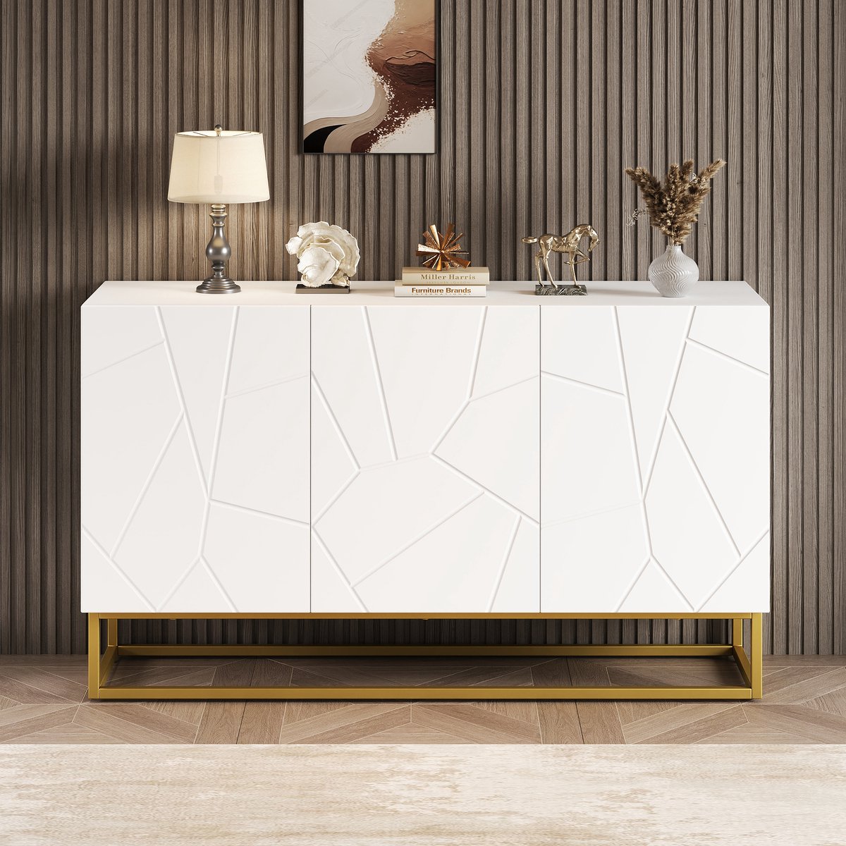MODFU Opbergkast 130x38x76 cm van spaanplaat, met deuren en planken, wit/goud