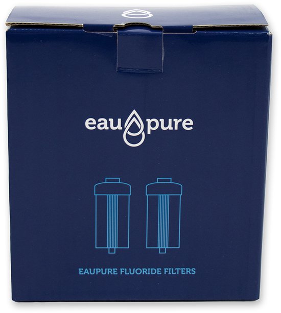 Donkerblauwe doos met "eau pure" logo en twee gestileerde filter-iconen.
EAU Pure Fluoride Filters.