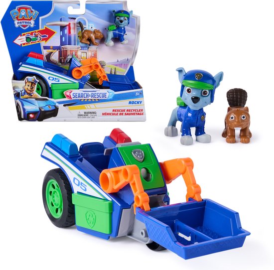 PAW Patrol - Search & Rescue - Rocky's recyclevoertuig met 2 figuren & terugtrekfunctie - Speelgoedvoertuigen