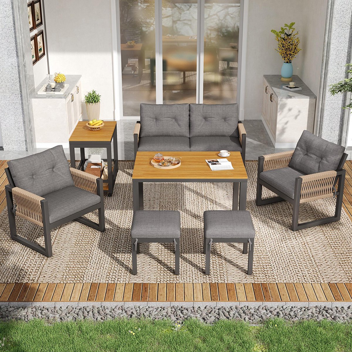 BLACKCOLORS Moderne buitenbankenset, recreatie- en vergaderset voor meerdere personen, ijzeren frame, gevlochten armleuningen, inclusief zitkussens, multifunctionele tafel