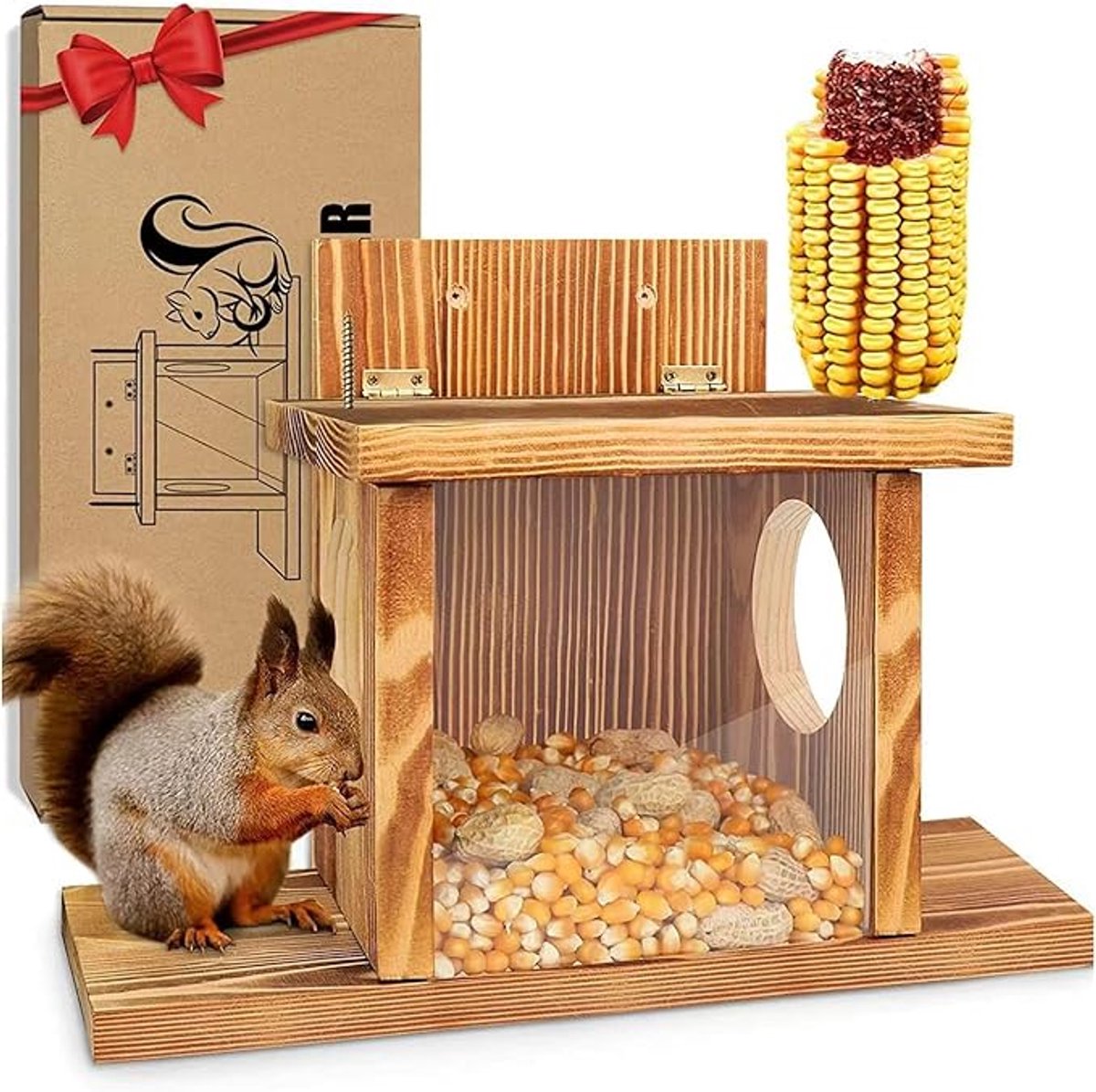 Eekhoorn Voederbak - Houten Eekhoornvoederbak - Chipmunk - Voederbak met Maïshouder - Wandmontage - Eekhoornhuisje - Voederbak voor Wilde Dieren Voor Maïs en Pinda'S - Buitendecoratie