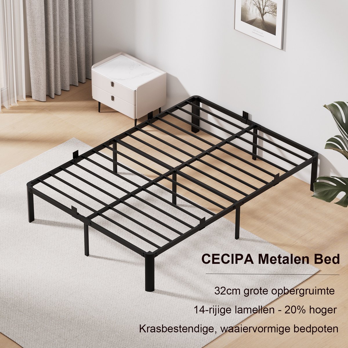 CECIPA Metalen Bed 140x190 cm - Minimalistisch Bedframe - Grote Opbergruimte - Stevig - Stil - Anti Slip - Tweepersoonsbed - Eenvoudig te Monteren - IJzeren Bed - Duurzaam - Roestvrij - Zwart
