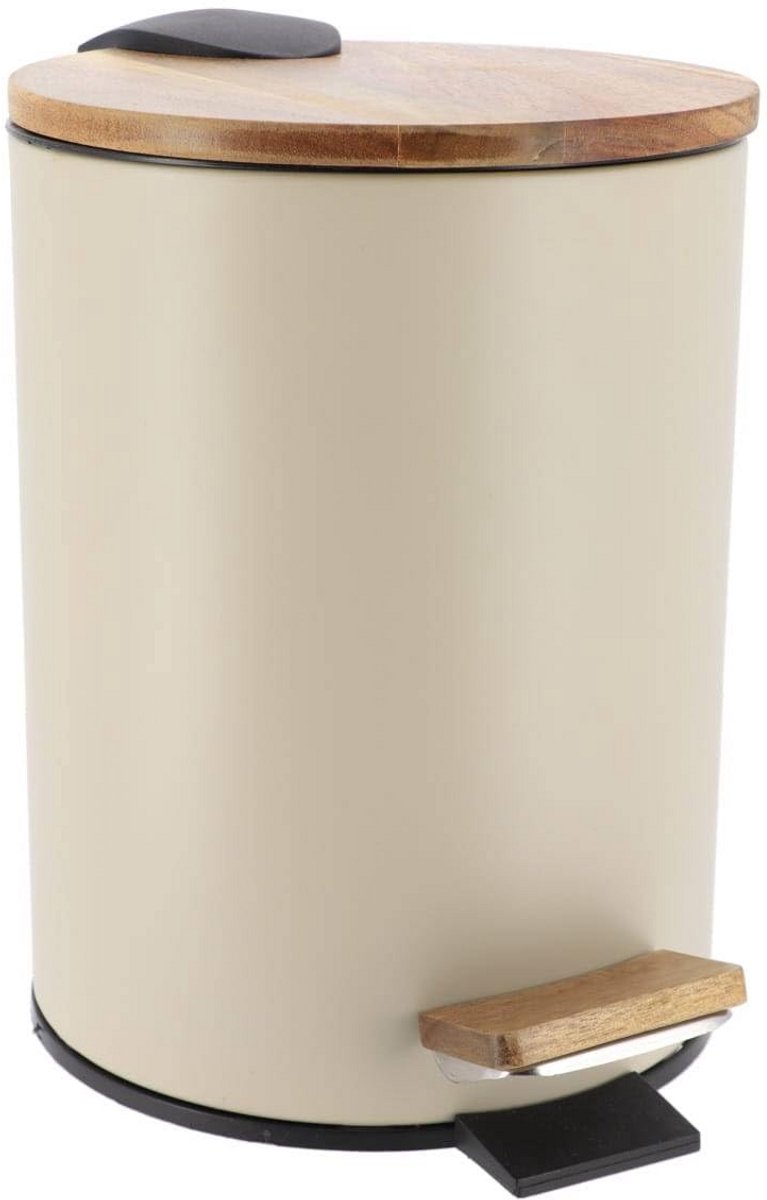 Kleine Metalen Afvalemmer met Acacia Hout en Valrem 2,5 Liter - Beige