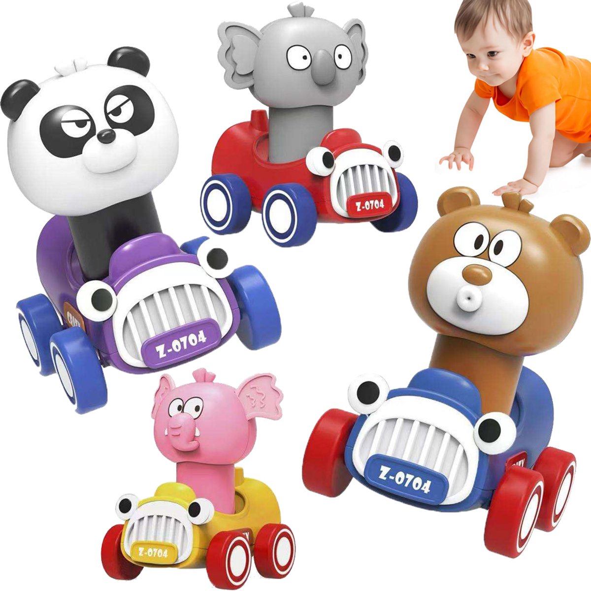 4 stuks Press to Go auto's voor peuters - raceauto's met babydieren - speelvoertuigenset voor baby's - Push Go frictieauto's voor baby's van 6-9-12-18 maanden - cadeaus voor de eerste verjaardag van j