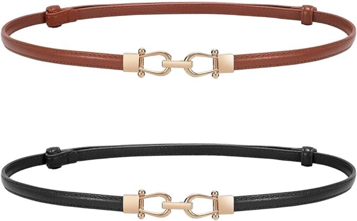 Leren Riem voor Dames - Dunne Lederen Riem met Gouden Gesp - Stijlvol Cadeau voor Dagelijks Gebruik - 94 cm - 2 Stuks - D / Zwart-Bruin - van Imperatoris