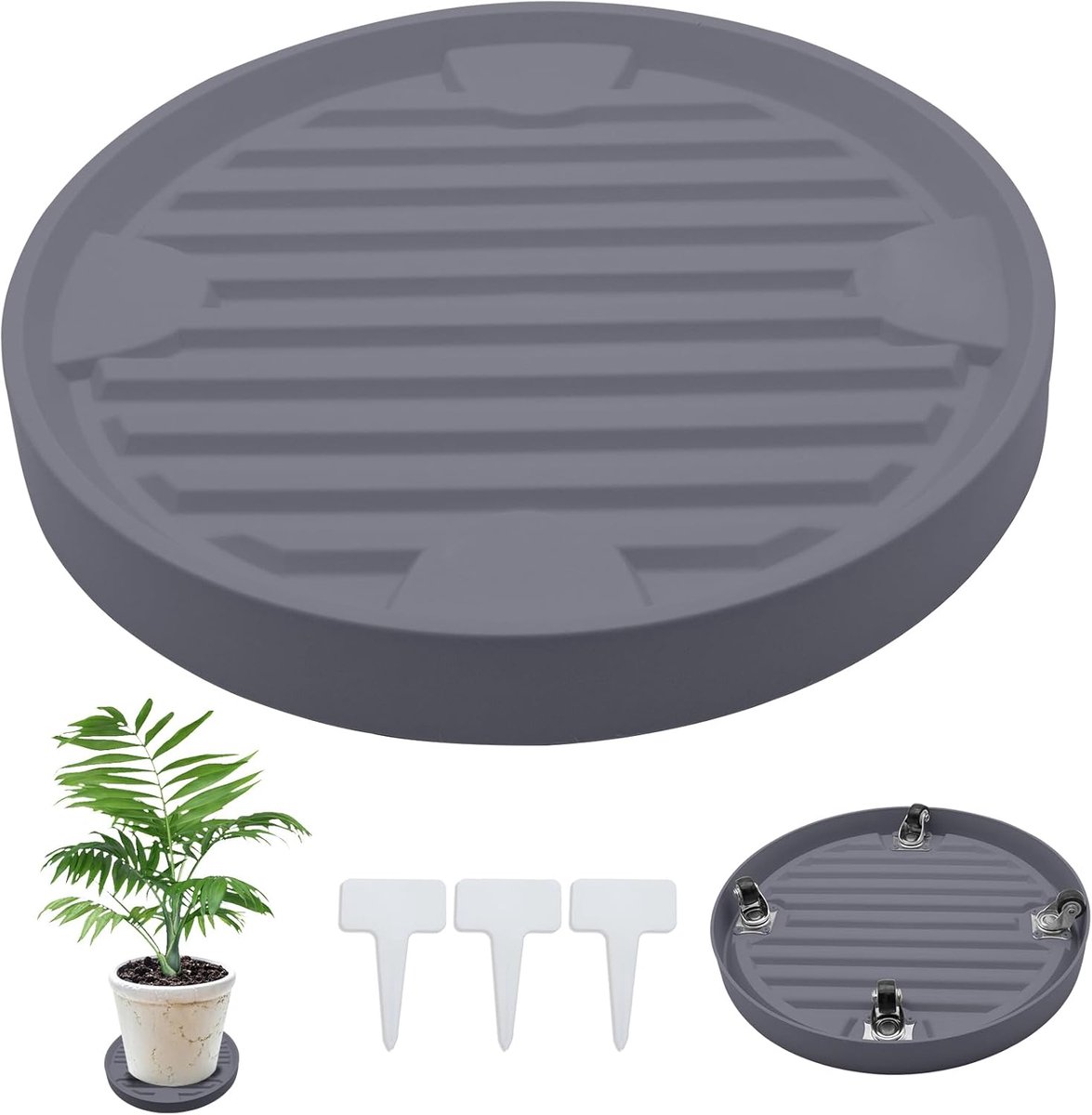 Plantentrolley op wieltjes - plantenonderzetter - Plantentrolley met 3 plantenetiketten - Voor binnen en buiten - draagvermogen tot 75 kg - grijs - 30 cm - van Imperatoris