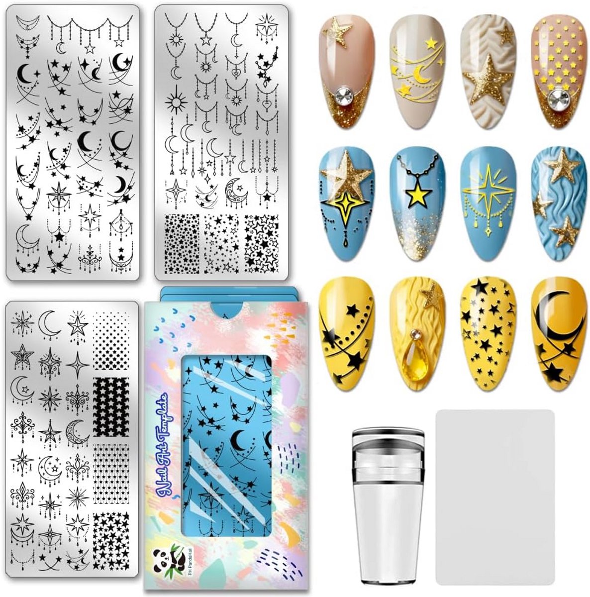 3x Set Nagel Stempel Platen Ster & Maan Design - Inclusief Stempel & Krabber