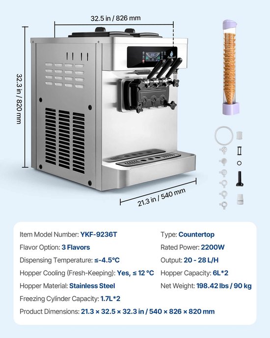 Softijsmachine - Commerciële ijsmachine - 3 Smaken - 20–28 l/uur - 2200 W - 2 x 6 l containers - Voorkoeling - Waarschuwing bij laag mengniveau — afbeelding 2