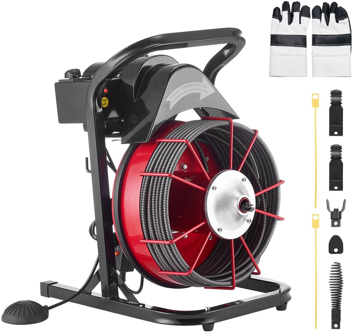 Pijpreinigingsmachine - Riool- en Afvoerontstopper - Spiraal Ø10,5 mm x 23 m - Voor Ø50–100 mm Leidingen - Handmatige Invoer - Vier Snijbladen - Pneumatische Voetschakelaar