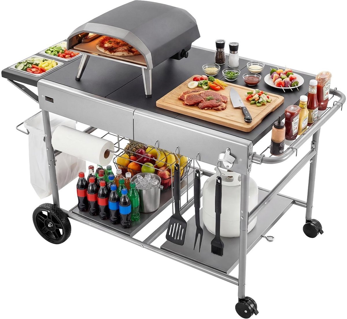 Grillwagen - BBQ Werktafel/Grilltafel - Verrijdbaar op Wielen - Tafelblad 92,5x59,5x2,5 cm - 4 Kruidenbakjes met Deksels - Gereedschapshaken - Voor Tuin & Buitenkeuken