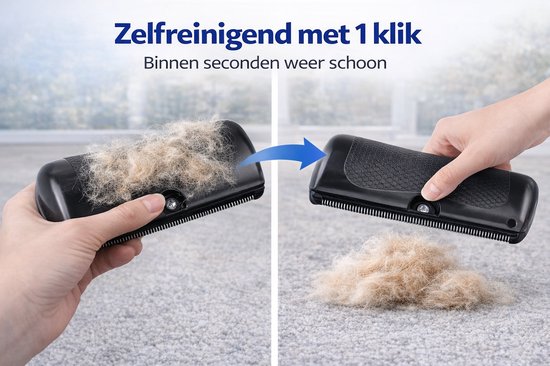 Demo van de zelfreinigende functie van de zwarte borstel: van vol met haar tot schoon met één druk.