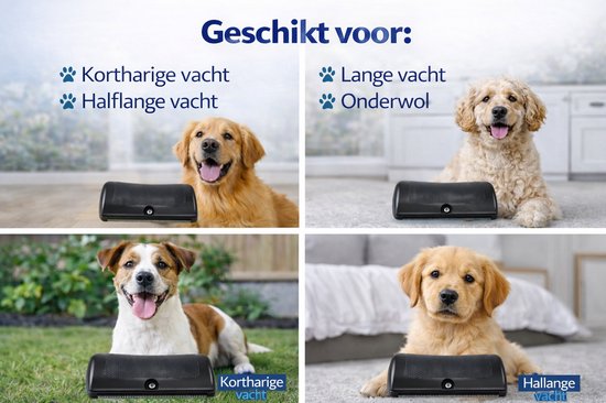 Vier honden van verschillende rassen en vachtlengtes, naast een zwarte borstel. Geschikt voor korte, halflange vacht, lang haar en ondervacht.