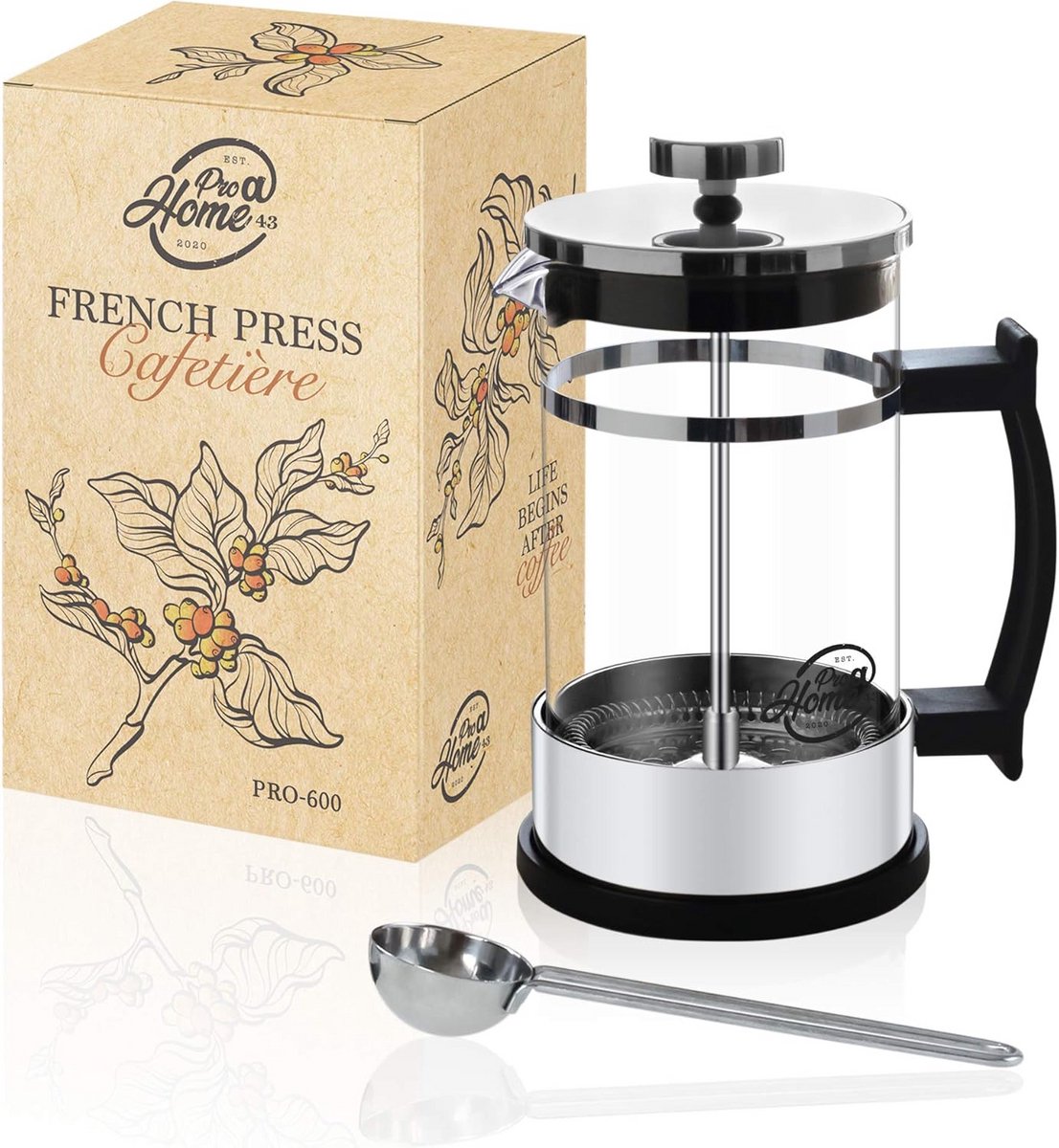 Glazen Koffiezetapparaat French Press voor 4 Personen - Inclusief Koffielepel en Reservezeef
