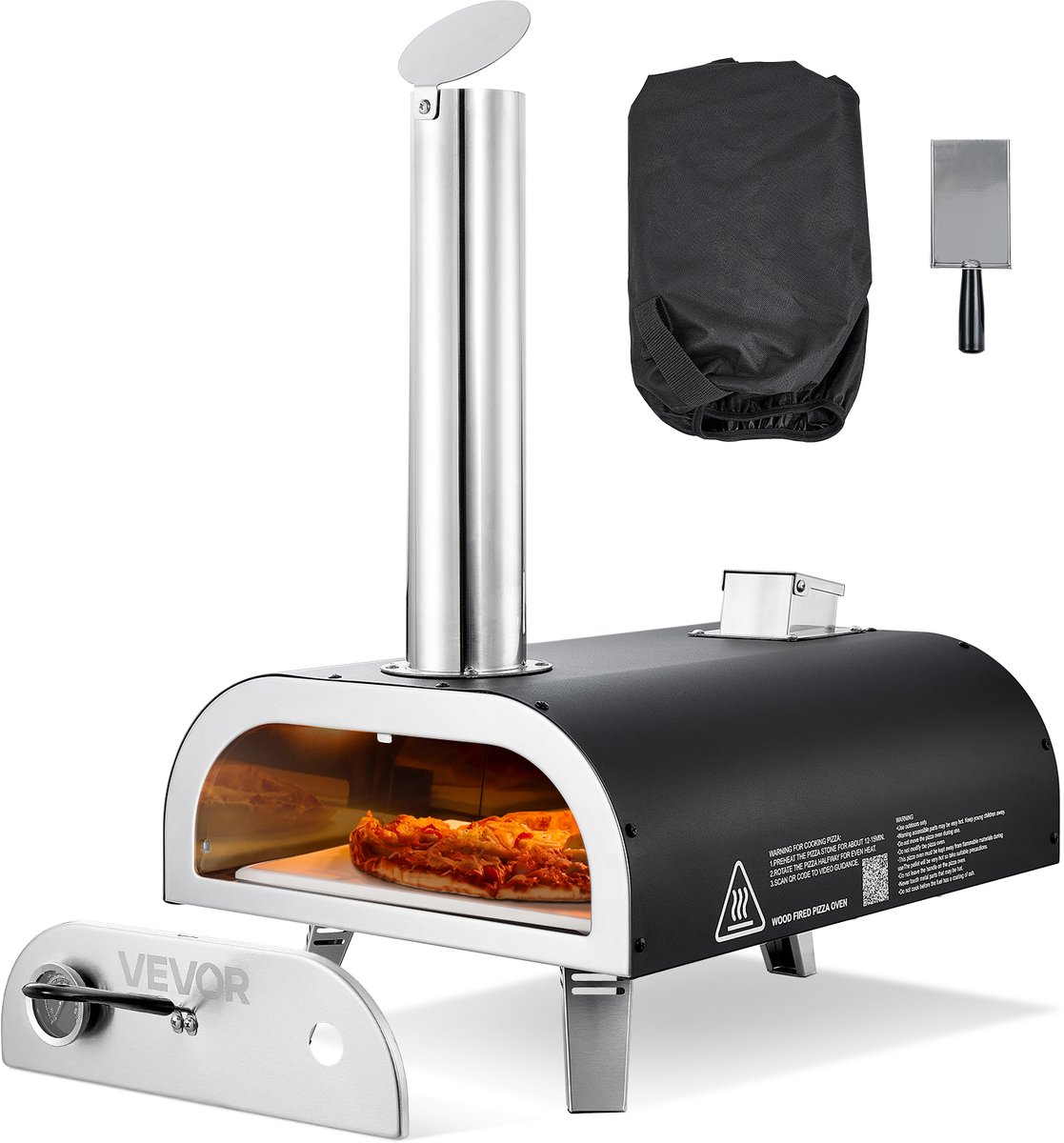 VEVOR Outdoor Pizzaoven 12 Inch Pelletpizzaoven met Ingebouwde Thermometer (Max. 540 °C), Pizzaschep en Draagtas, Draagbare Pizzamaker voor Tuin en Camping, Zilverkleurig