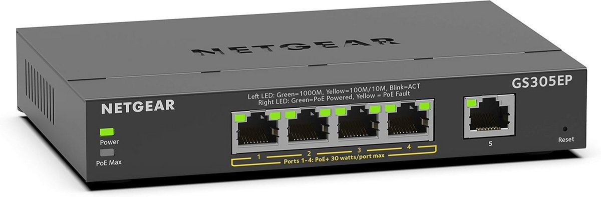 5-Poorts Gigabit Ethernet Switch met PoE+, Energiezuinig en Stille Werking