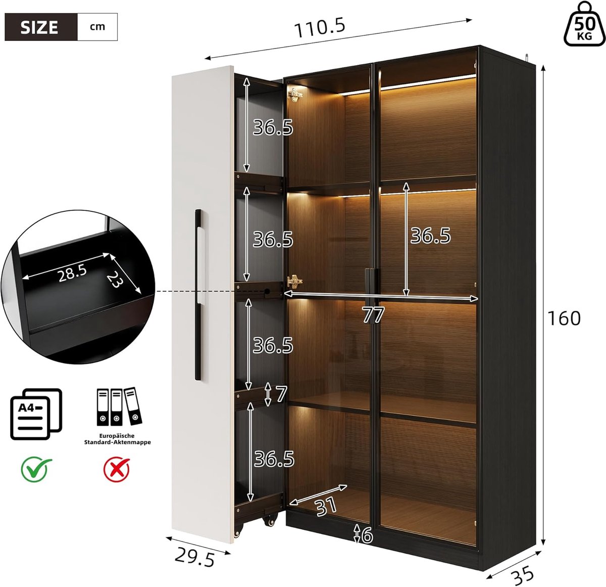 Vitrinekast Casa Velluto 110,5x35x160 cm – Hoge multifunctionele kast met glazen deur, LED-verlichting en zijdelings uittrekbare opbergruimte – Moderne Franse stijl boekenkast, displaykast en eetkameropbergkast,Zwart/Wit