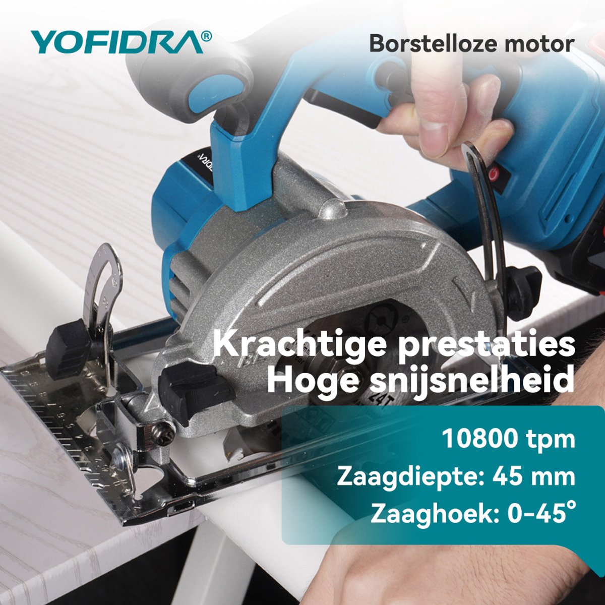 Yofidra Accu Cirkelzaag - 125 mm Borstelloze Cirkelzaag - met 2 Accu's & 3 zaagbladen - Accucirkelzaag - voor het zagen van tegels en hout – foto 7