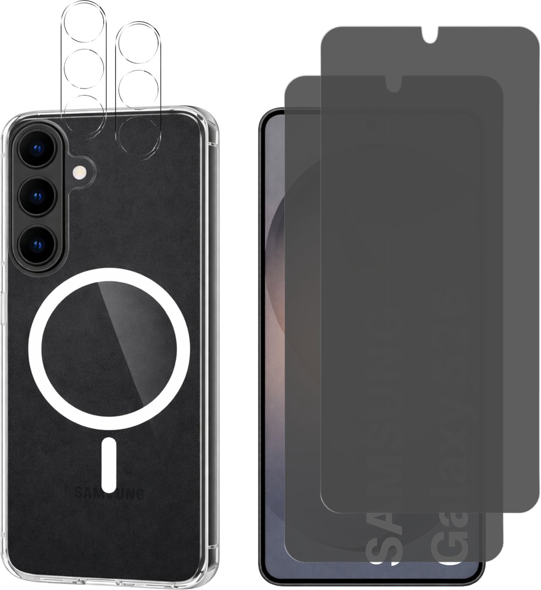 Samsung Galaxy S26 Hoesje backcover Shockproof siliconen Transparant met geïntegreerde magnetische cirkel en 2 stuks Screenprotector Gehard Glas + 2 stuks Beschermglas Privacy Glas Screenprotector + 2 stuks Camera Protector