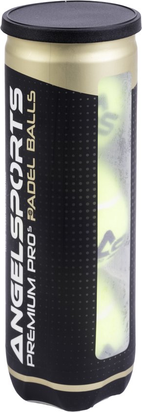 Zwarte en gouden koker met de tekst 'ANGELSPORTS PREMIUM PRO PADEL BALLS' en een venster waarin padelballen te zien zijn.