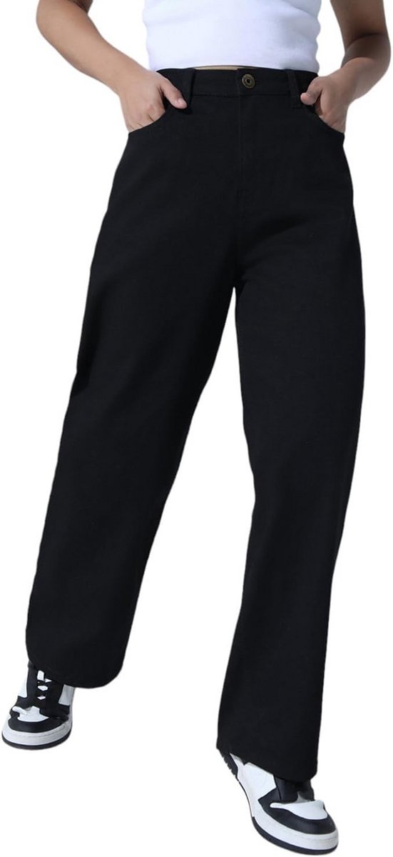 Zwarte Katoenen Stretch Jeans voor Dames met Hoge Taille en Relaxte Pasvorm