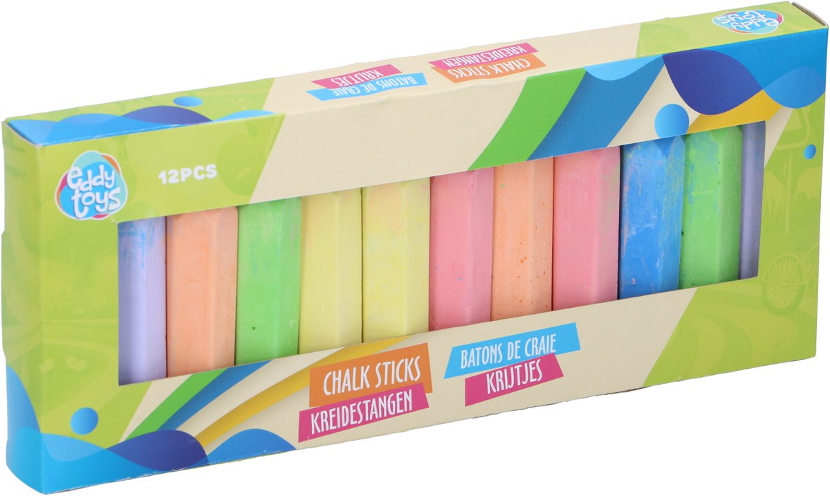 Eddy Toys Krijtjes 12 Stuks - Stoepkrijt / Chalk Sticks voor Buiten Tekenen - Krijtstangen voor Stoep en Speelplein - Krijtjes Set voor Kinderen - Vanaf 2 Jaar