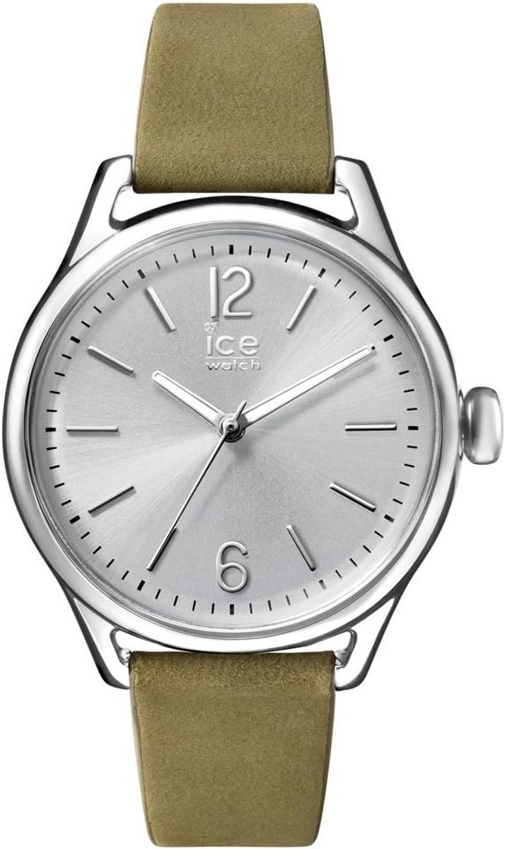 Dameshorloge Khaki Groen met Zilveren Kast en Leren Band