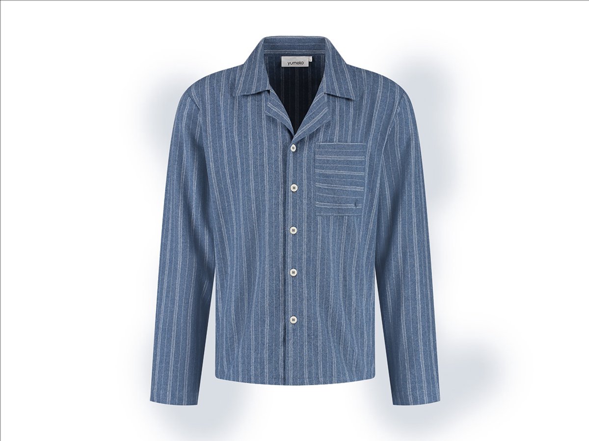 Yumeko pyjamashirt heren flanel denim blauw/wit stripe m Denim Blue-White Stripe