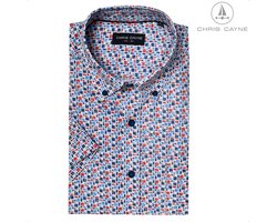 Chris Cayne heren overhemd - korte mouw - 5XL - borstzak - rood/blauw - geprint dessin - 100 % Katoen - borstzak