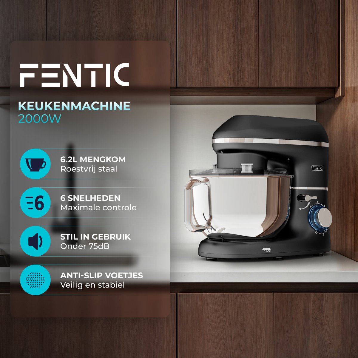 Fentic Keukenmachine – 2000W – Keukenrobot - Foodprocessor - 6,2L Mengkom – Incl. extra Accessoires – Zwart thumbnail 2