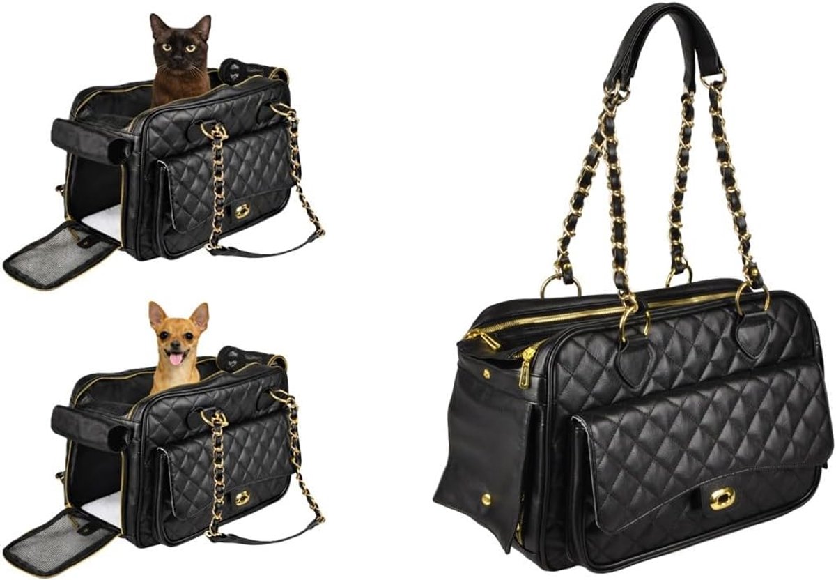 Bol.com Draagtas hond – Draagtas kat – Flamingo Gigi Zwart – 40 x 22 x 28 cm – kunstleder – ventilatiegaas – uitneembaar kussen ... aanbieding