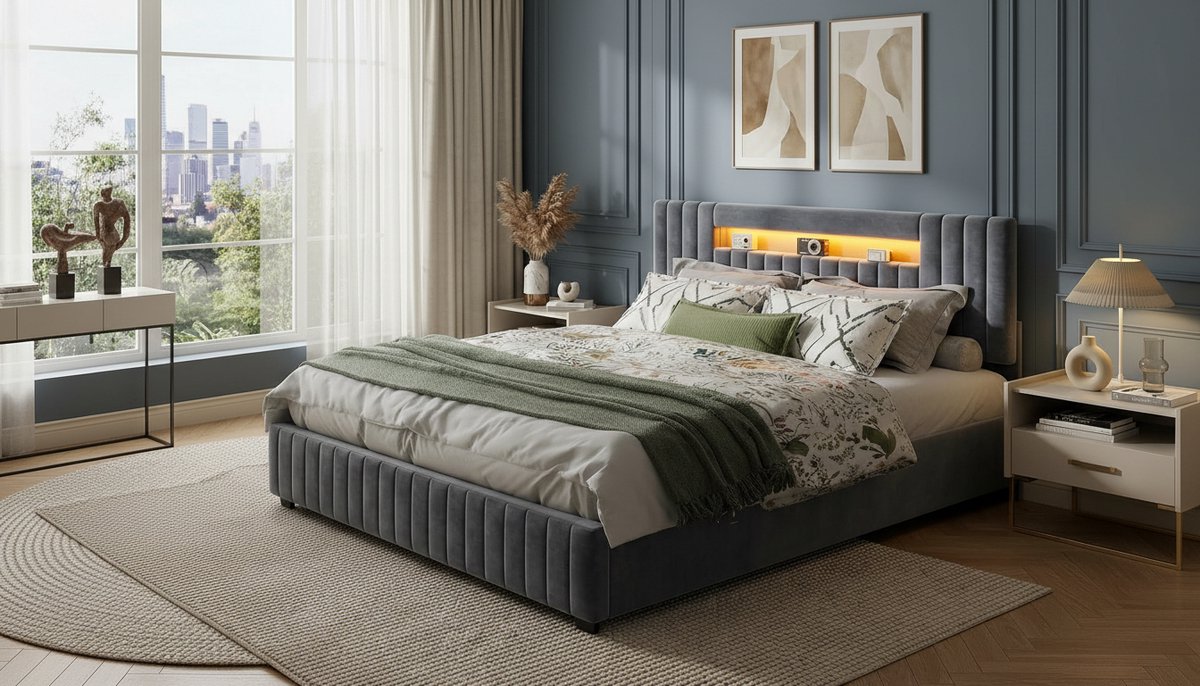 Opbergbed Tweepersoons 140x200 cm – Casa Velluto Luxe Gestoffeerd Bed met LED-verlichting, USB-poort en Hydraulische Opbergruimte – Modern Hoofdeinde, Lattenbodem, Fluweel Grijs B