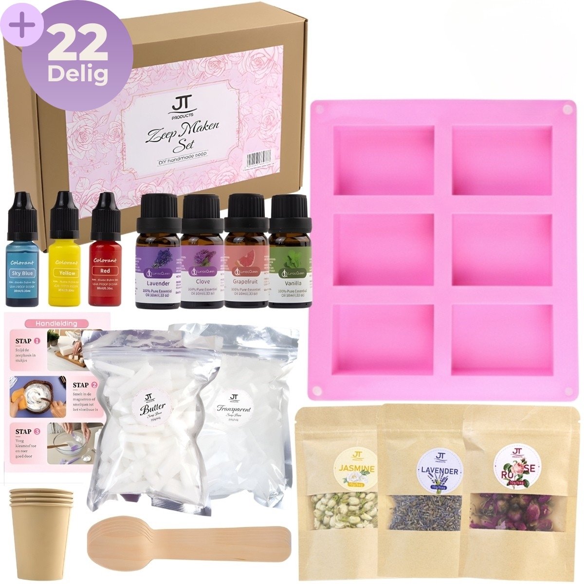 JT Products Zeep Maken Pakket 22 Delig – Voor Volwassenen en Kinderen – 500 Gram Gietzeep – Zeep Mal