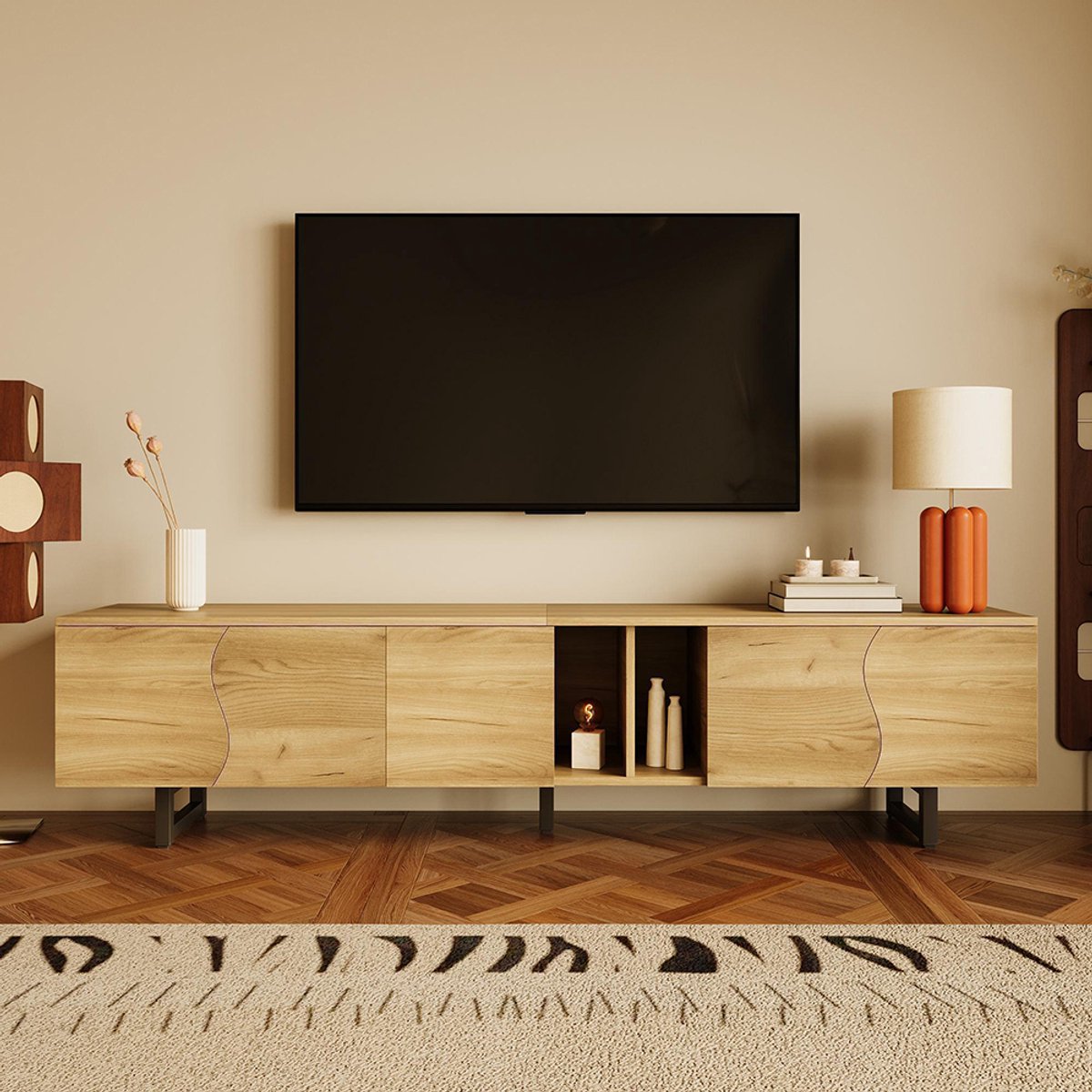 KOMHTOM BLACKCOLORS Tv-meubel met vijf deuren, tv-standaard, tv-paneel, lage tv-standaard. Uniek ontwerp. 191 x 38 x 46,5 cm (L x B x H) Naturel