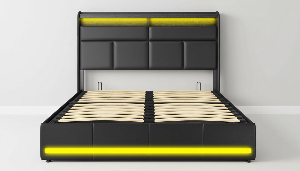 Opbergbed Tweepersoons 140x200 cm – Casa Velluto Onyx Supreme PU Bedframe met LED-verlichting, USB-poort en Hydraulische Opbergruimte – Modern Zwart Gestoffeerd Bed met Lattenbodem