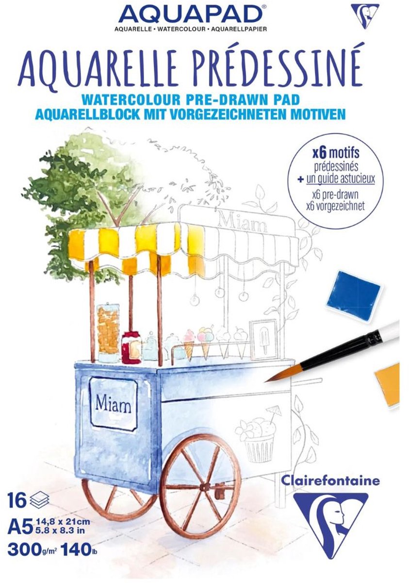 Clairefontaine Aquapad Aquarelpapier - A5 - 300g - Bedrukte kleurplaten - 16 vellen - 5 stuks