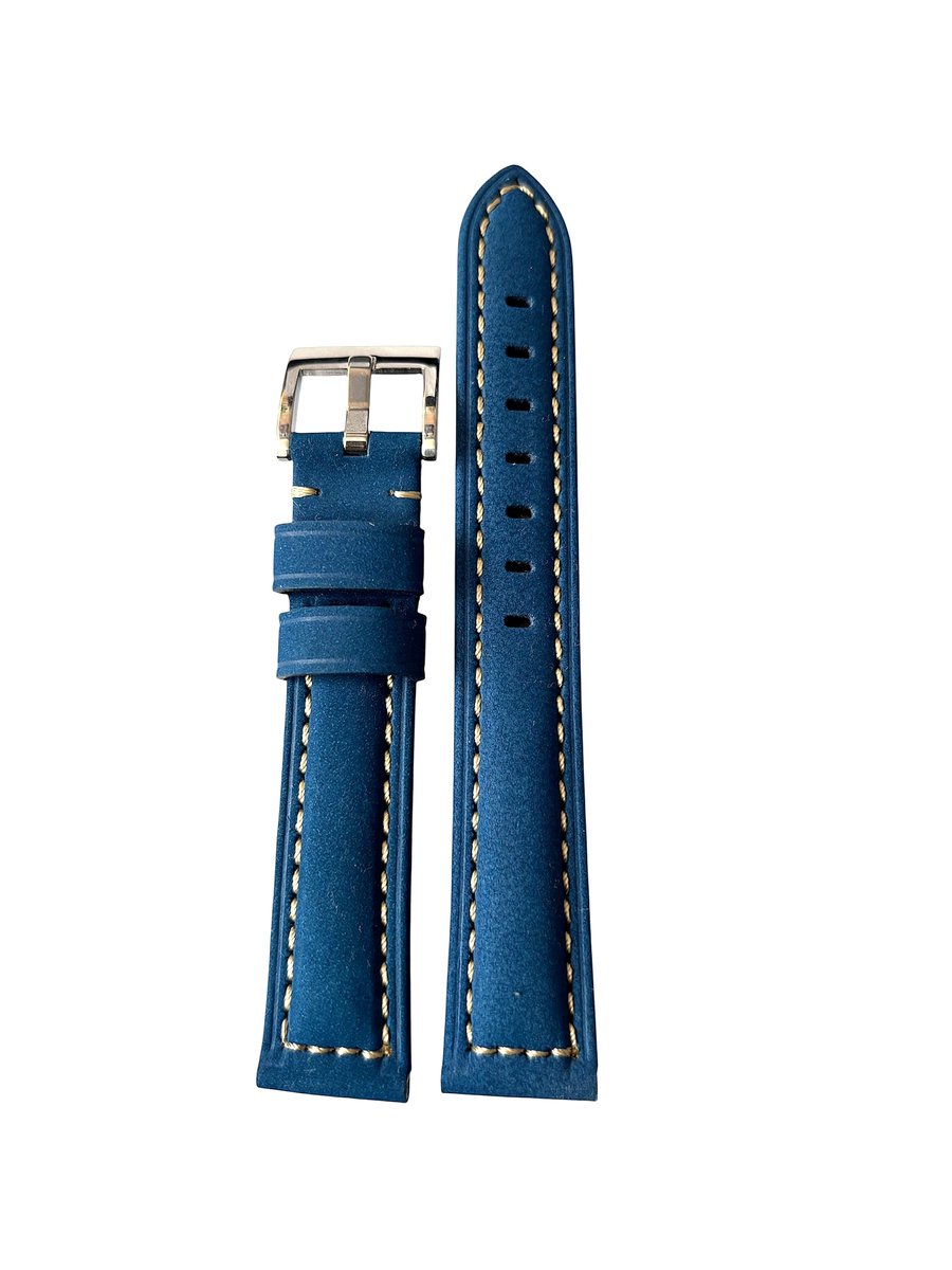 horlogeband-horlogebandje-20mm-echt leer-BLAUW-blauw- wit stiksel-zacht-soepel-stalen gesp-20 mm