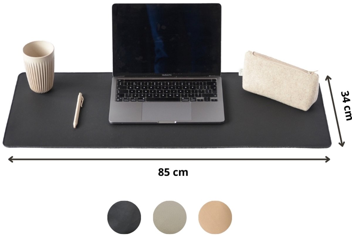 Bureau onderlegger - 85 x 34 cm - Vegan Leer - Zwart - Bureaumat - Muismat XXL - Antislip - Waterafstotend - Ray | Made out of