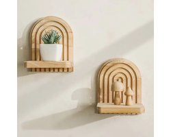 Houten gewelfde wandplank, decoratief wandrek in Boheemse stijl, regenboogvormige displayplank, geschikt voor de inrichting van slaapkamers en woonkamers (Enkel compartiment)