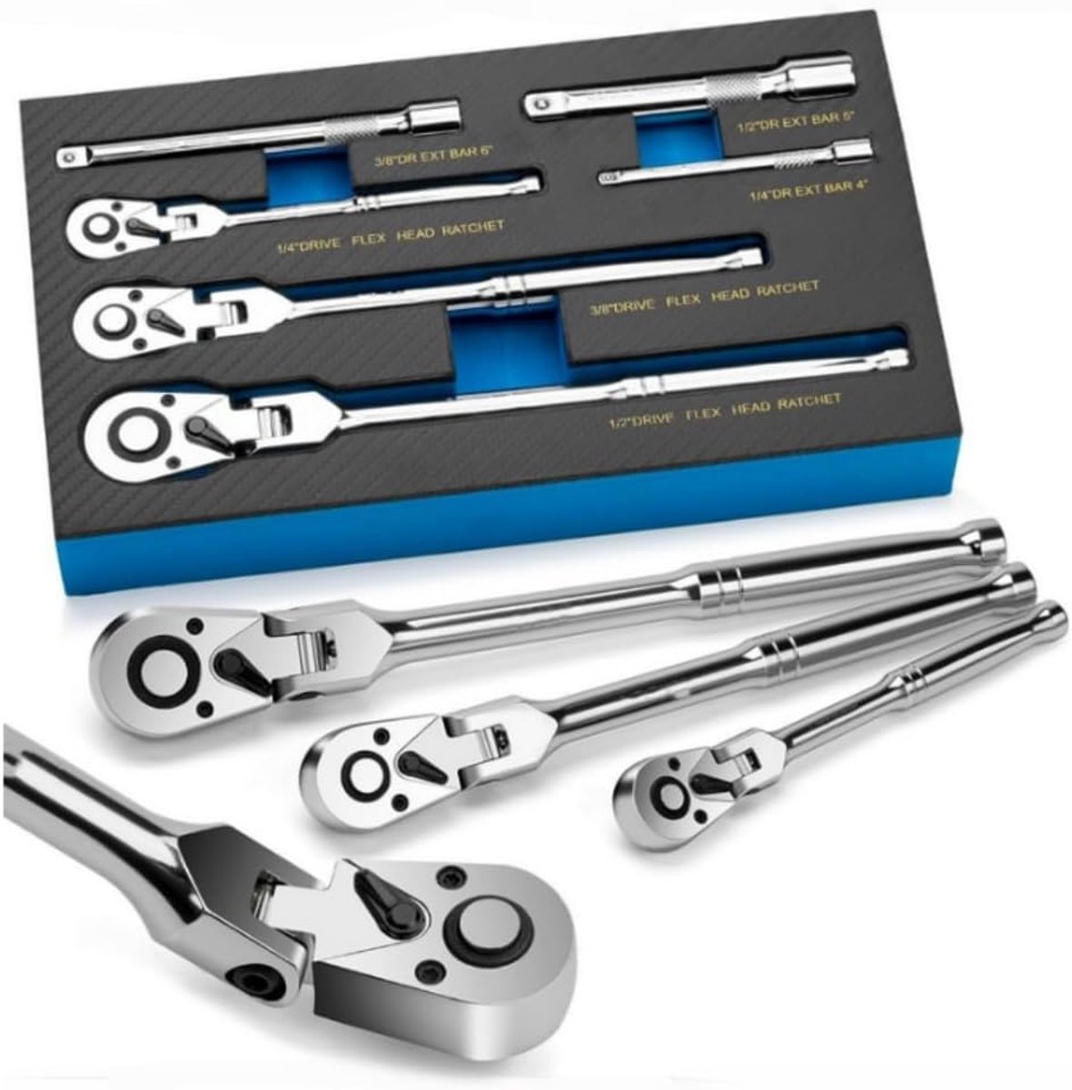 6-delige ratelsleutelset met flexibele kop, 1/4 inch, 3/8 inch, 1/2 inch aandrijving, roterende ratelsleutel met verlengstuk, 72 tanden, 180° verstelbaar, snelsluiting, flexibele ratelgreep