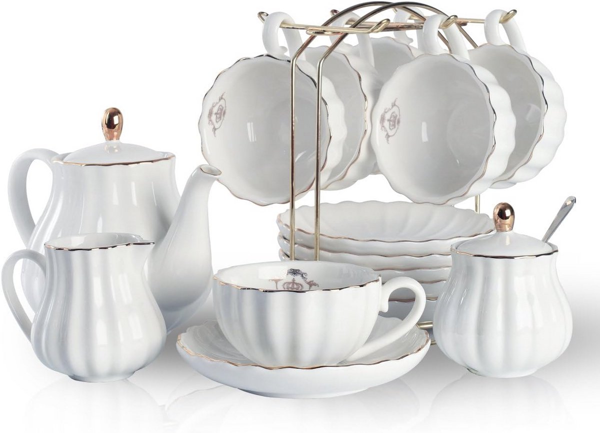 Porseleinen Theeservies Koninklijk Design voor 6 personen Compleet met Theepot en Lepels
