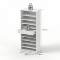 Witte schoenenkast met 10 planken en 1 lade. Afmetingen: 191,7 cm hoog, 80,4 cm breed, 40 cm diep. Met gewichten op de bovenste en de middelste plank.