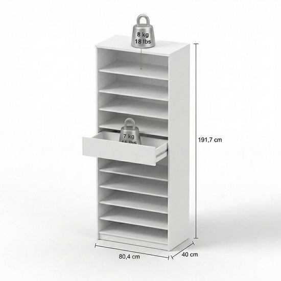 Witte schoenenkast met 10 planken en 1 lade. Afmetingen: 191,7 cm hoog, 80,4 cm breed, 40 cm diep. Met gewichten op de bovenste en de middelste plank.