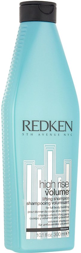 Turquoise Redken fles met 'High Rise Volume' shampoo, 300 ml.