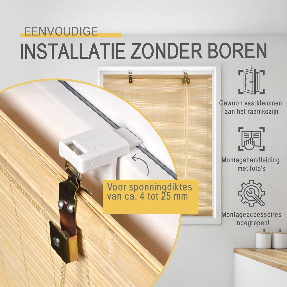 Sol Royal rolgordijn bamboe 80x160cm SolDecor B86 - rolgordijnen zonder boren - rolgordijnen lichtdoorlatend zonwering bamboo jaloezieën inclusieve klembeugels - Natuur – foto 3
