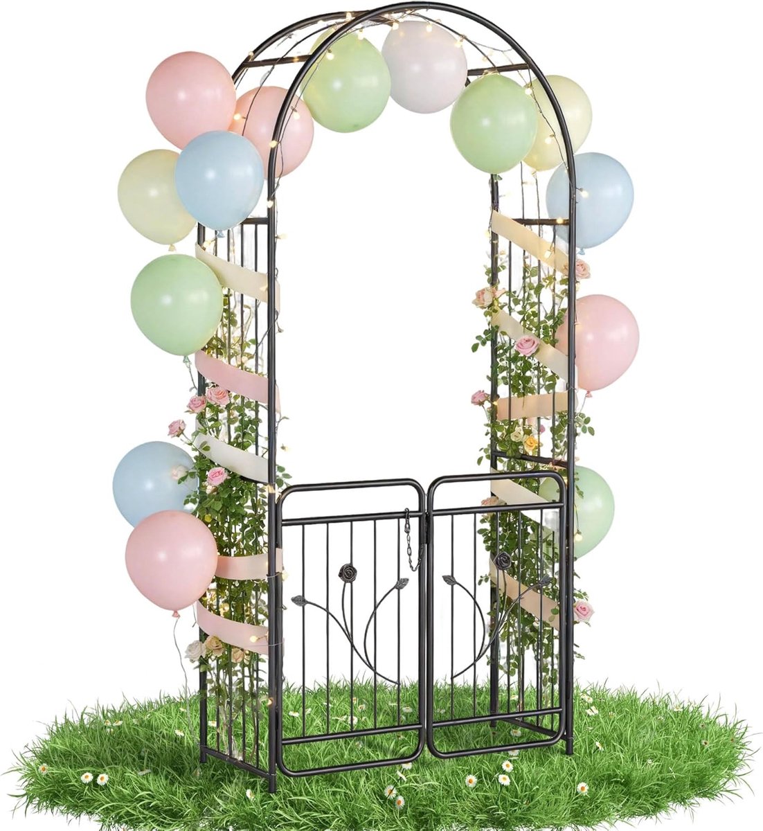 Zwart Rozenbogen Metaal, 95x50x220cm, Klimplanten Rankrooster met Deur, Outdoor Vrijstaand Poortboog, Bloemen en Druiven Klimhekwerk, Tuinrellis voor Bruiloften/Feesten, NAIZY