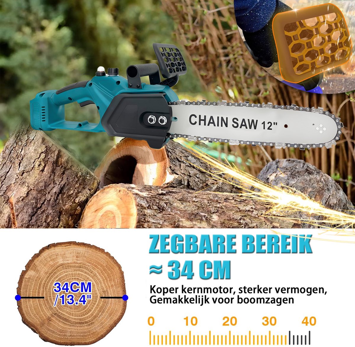 Elektrische kettingzaag 12" draadloos met 2 x 18V 5,5Ah accu's en veiligheidsslot, voor het snoeien van bomen en het zagen van takken. – foto 6