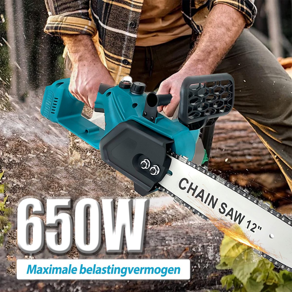 Elektrische kettingzaag 12" draadloos met 2 x 18V 5,5Ah accu's en veiligheidsslot, voor het snoeien van bomen en het zagen van takken. – foto 5