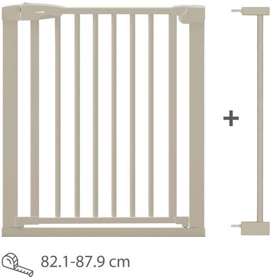 Barrière de sécurité beige avec barreaux verticaux, incluant une extension supplémentaire. Dimensions 82.1-87.9 cm.