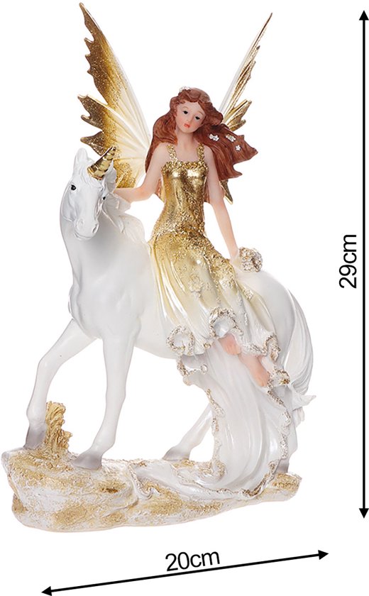 Ange elfe à cheval 29 cm – Statue en polyresin avec licorne blanche – Décoration fantasy dorée/blanche pour salon, chambre à coucher ou cadeau